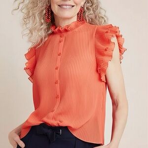 Elegant Coral Ruffle Sleeve Blouse